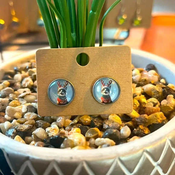Hand Crafted Funny Cat with Antlers Holiday Stud Earrings - Picture 1 of 4